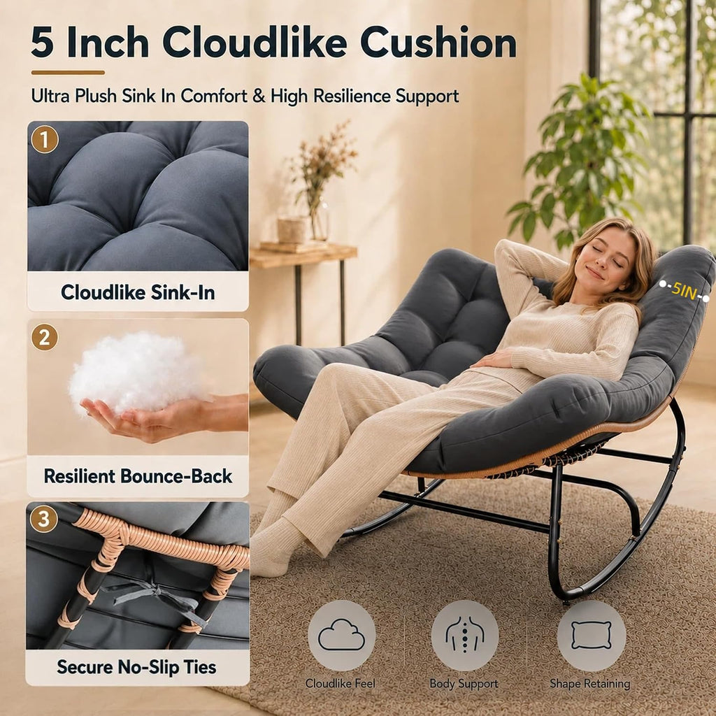 Papasan Rocking Chair Outdoor Oversized Rocker with 5" Cushion, 450 lbs Wicker Egg Recliner Chair Metal Patio Chair