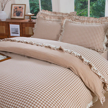 100% Washed Cotton Taupe Gingham Ruffle Duvet Cover Set