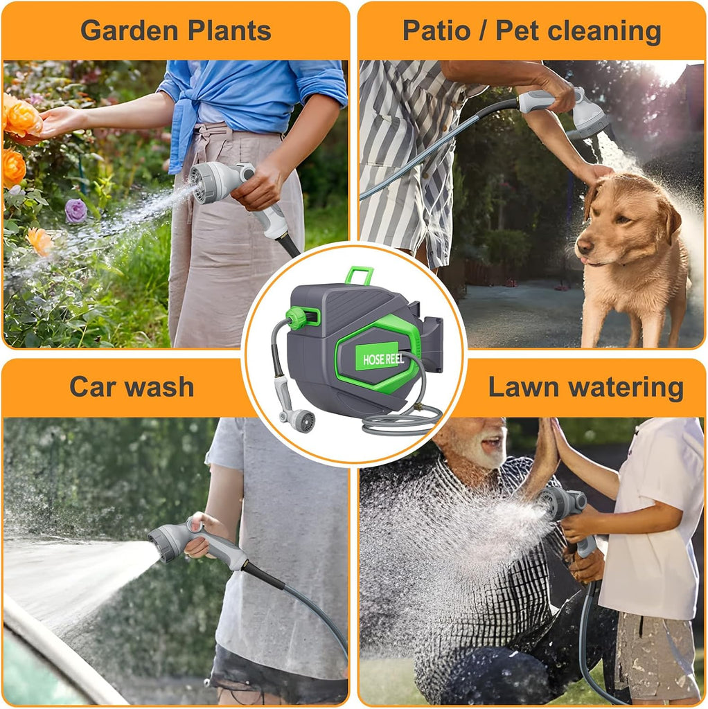 Retractable Garden Hose Reel, 1/2 in x 100 Ft, for Garden Watering | Wall Mounted Auto Rewind Hose Reel & Lock Any
