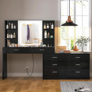 Vanity Desk with LED Lighted Mirror & Power Outlet, Modern Corner Makeup Vanity Table with 8 Drawers & Open Shelves
