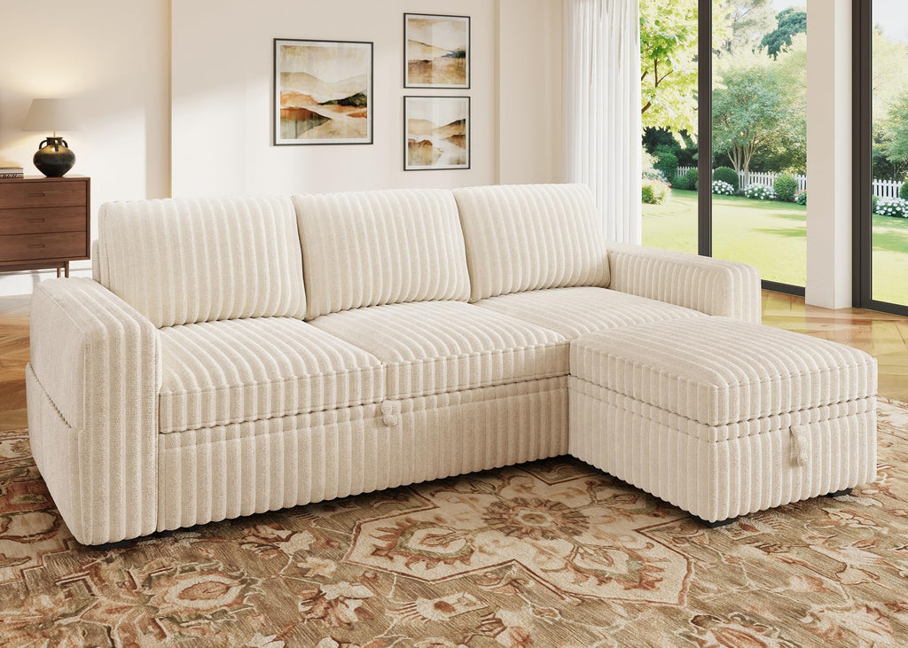 Corduroy Sectional Sleeper Sofa with Pull Out Bed & Storage, Beige