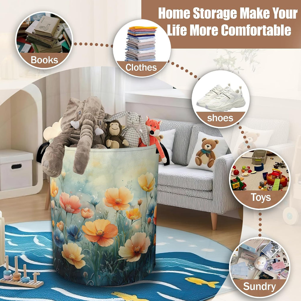 Watercolor Wildflower Laundry Basket, Laundry Hamper Waterproof Oxford Cloth Tote Bag,Clothes Storage Bucket