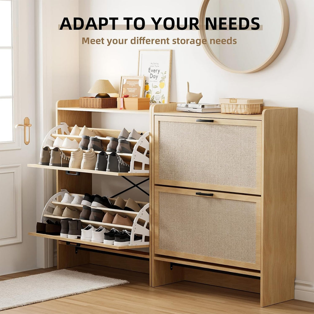 Shoe Storage Cabinet , 2 Flip Drawers with 3-Tier Rack Each, 6-Layer Total Storage, Narrow Shoe Cabinet with Linen