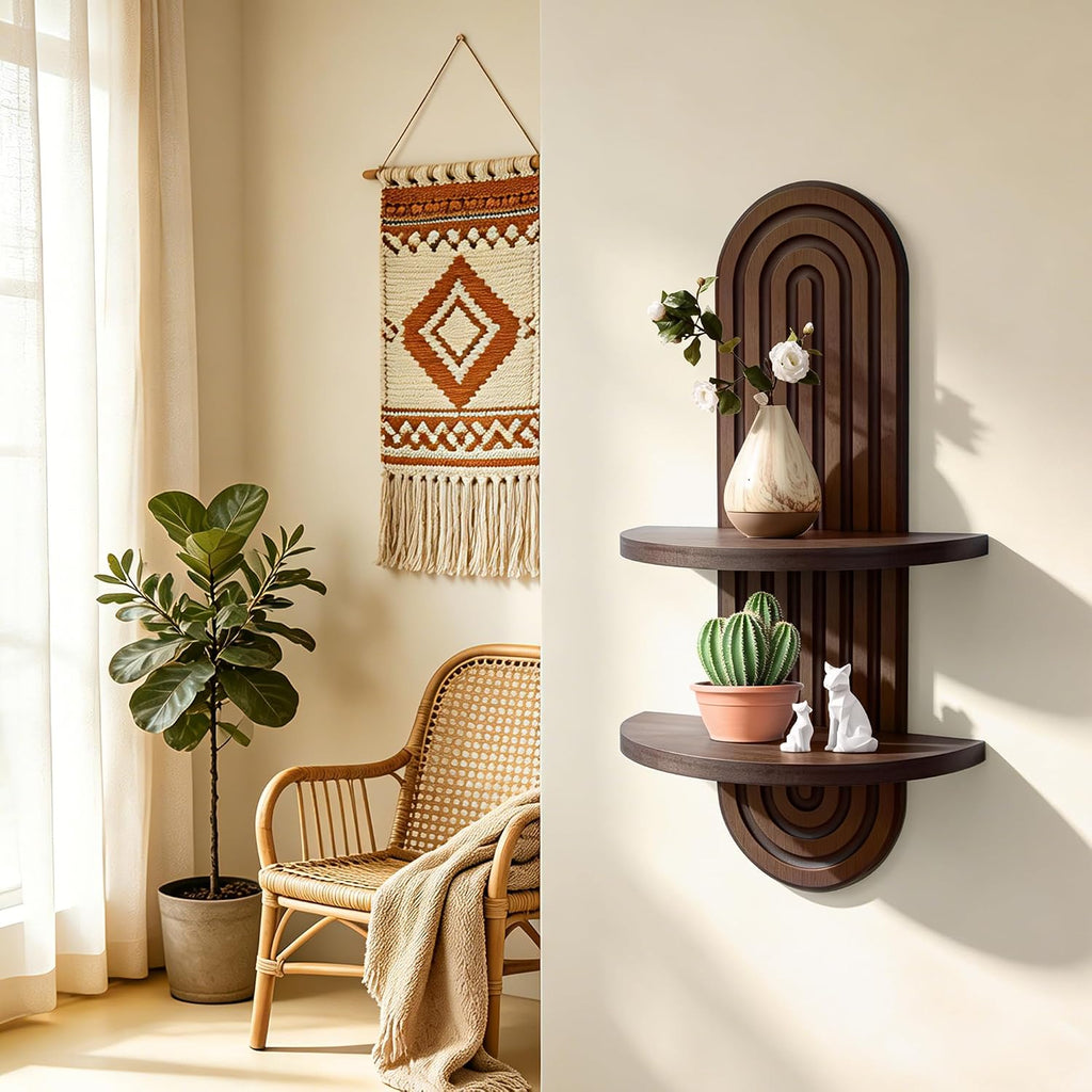 Wall Shelf with Arched Mid Century Boho Wall Decor Wood Design 2-Tier Wooden Floating Shelves for wall, Plant Wall