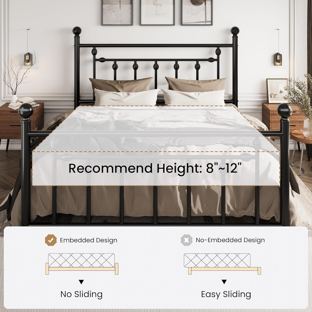 14" Queen Metal Platform Bed Frame/Victorian Headboard and Footboard/Steel Slats Mattress Foundation for Storage/No