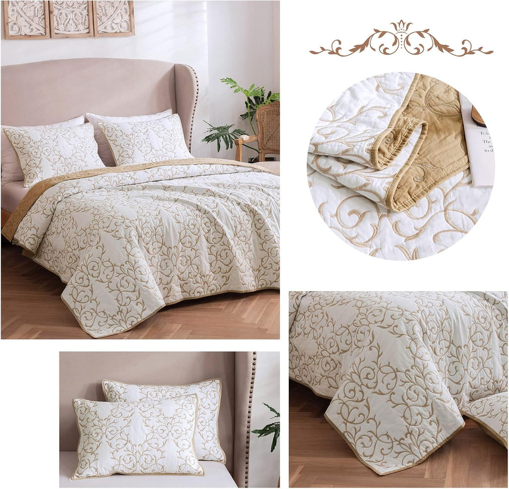 Quilt Set 3-Piece, Cotton Blend Reversible Bedspread, Elegant Beige Embroidery Pattern Coverlet with 2