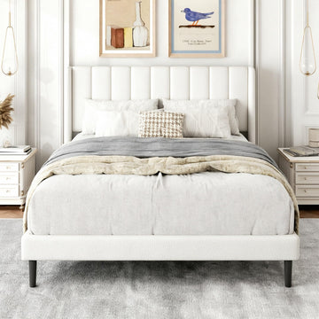 Full Size Bed Frame with Upholstered Wingback Headboard, Easy Assemnly Platform Bed, Wooden Slat Support No Box