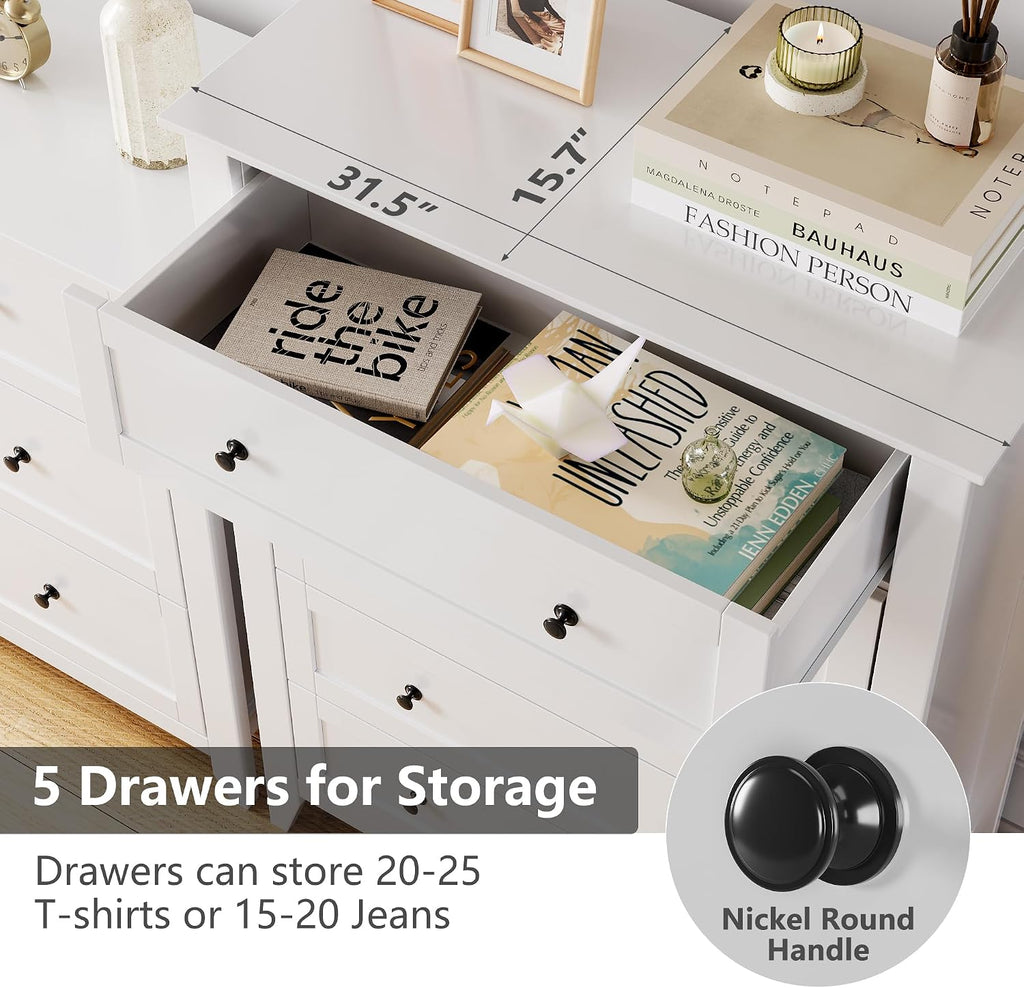 White 5-Drawer Dresser , 42.7"H Storage Drawers Organizer | Modern Lacquered Chest of Drawers, 15.8"D x 31.5"W x