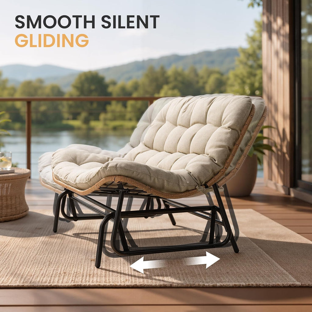 Outdoor Glider Bench 2-Person Rattan Patio Glider with Soft Cushion(Beige) | All-Weather Boho Rattan Patio Furniture