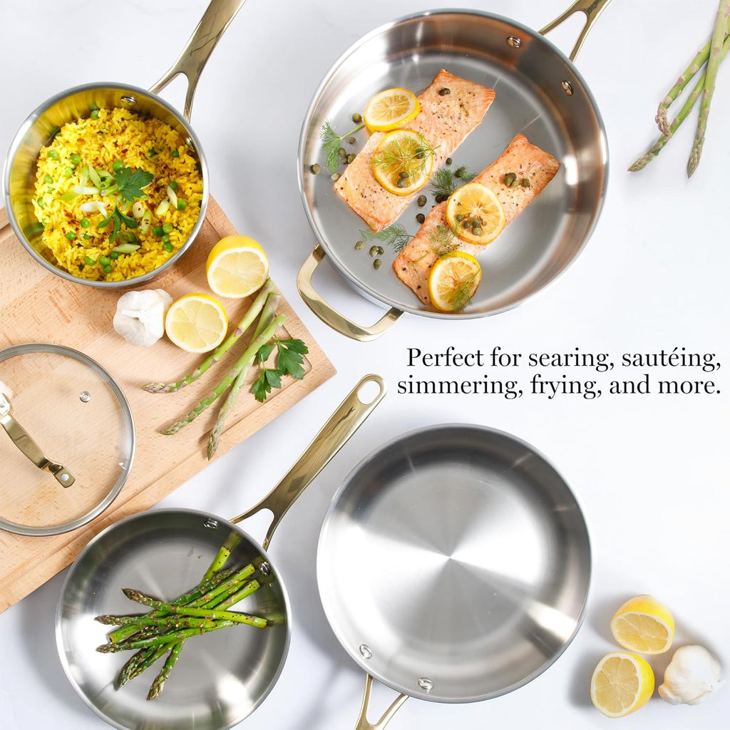 Castelle 10 Piece 18/8 Durable Stainless Steel Induction Safe Pots and Pans Non-Toxic Kitchen Cookware Set - Gold