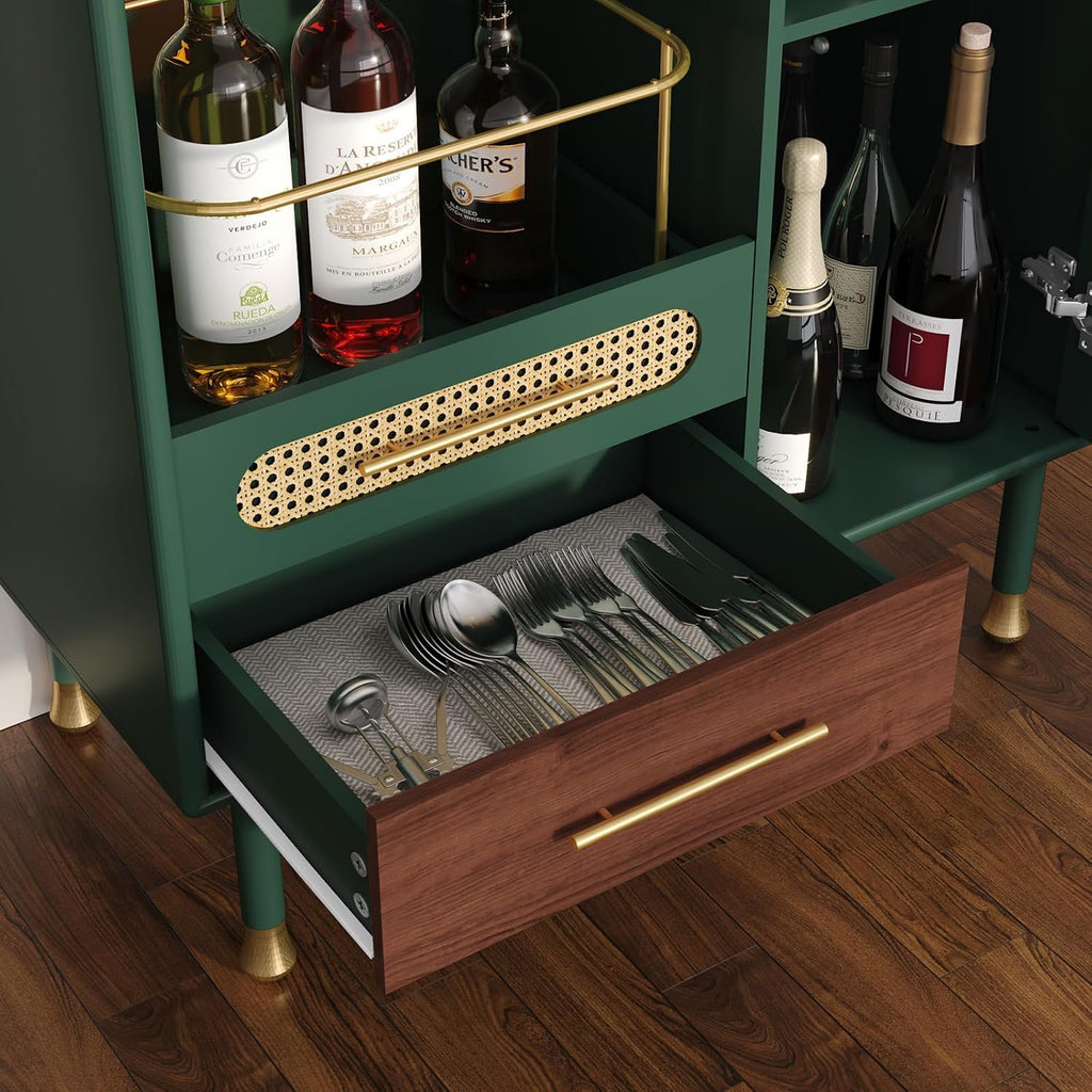 Modern Coffee Bar Cabinet with Pull-Out Wine Storage, Green | Bar Cart with Wine Glass Rack and Drawers, Liquor