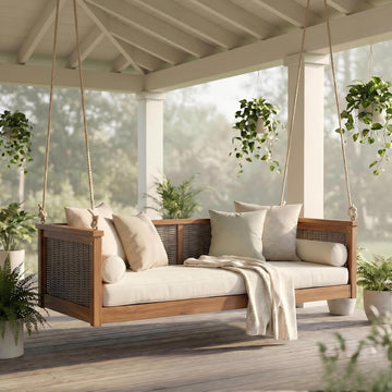 Twin Size Outdoor Porch Swing Bed, Solid Wood Rattan Swing Daybed Frame with Long Ropes , Poolside, Backyard, Teak