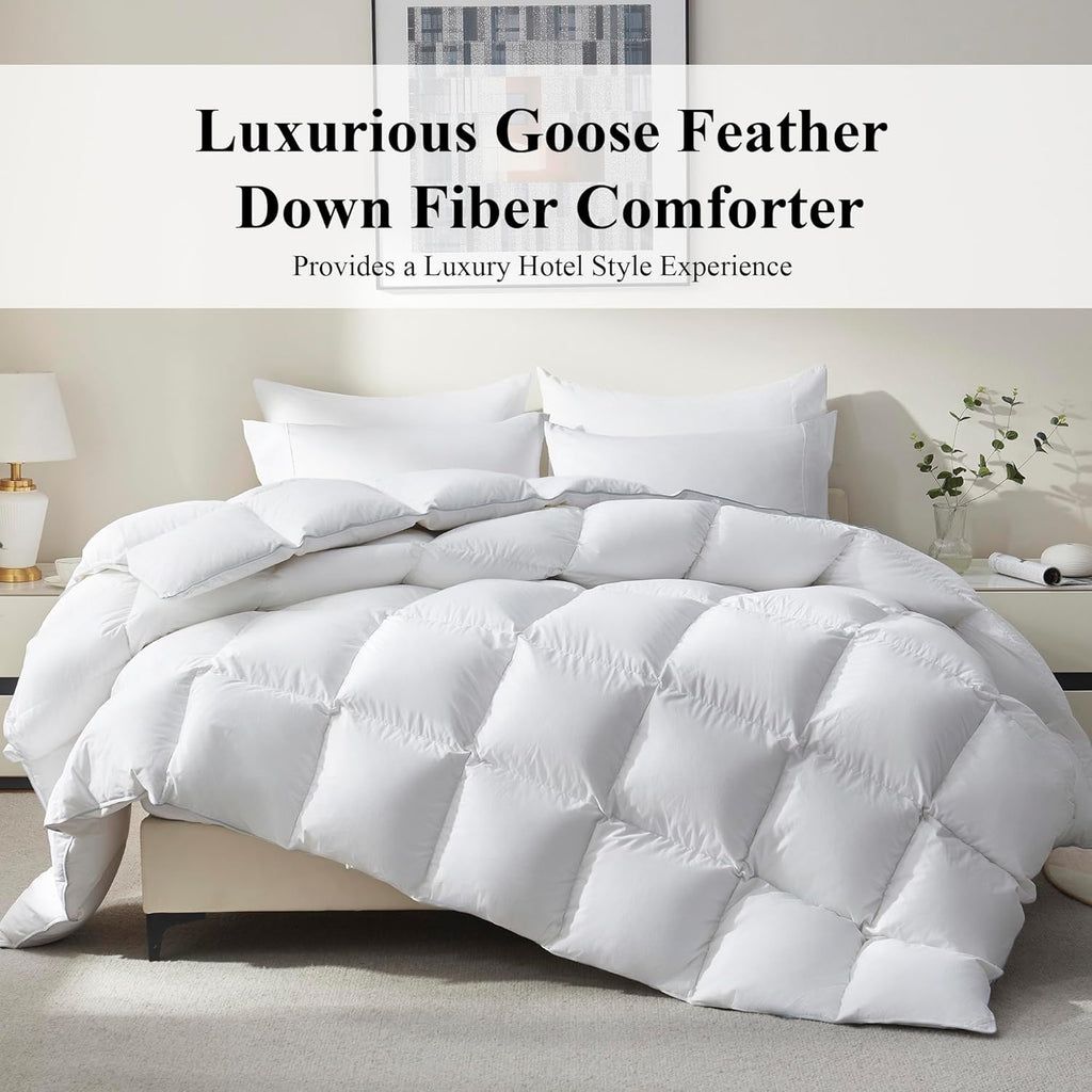 Goose Feather Down Fiber Comforter Queen - All Season White Fluffy Duvet Insert