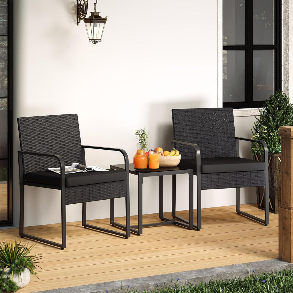 3 Pieces Patio Bistro Sets, Outdoor Rattan Conversation with Glass Table, Wicker Furniture Set with Cushion