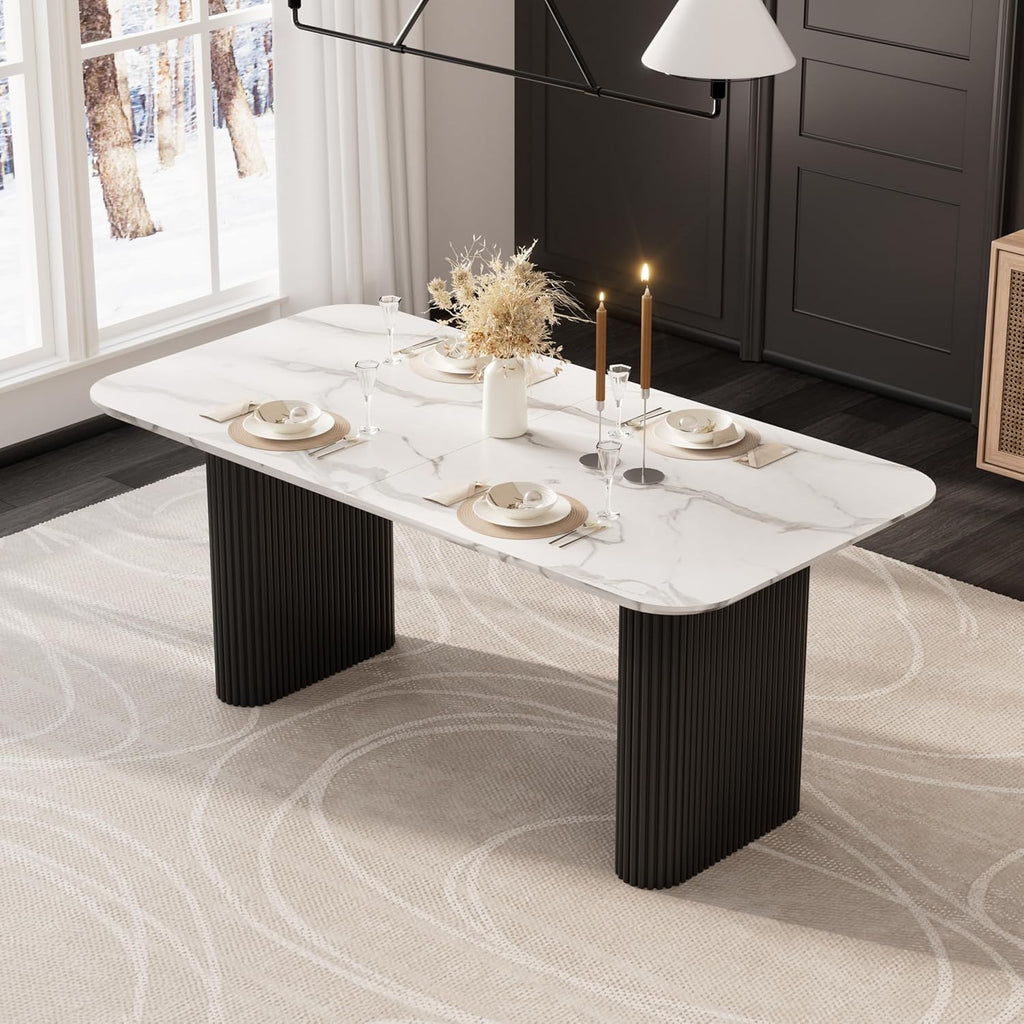 Faux Marble Oval Dining Table, 71" Modern Kitchen Table for 4-6 People, Easy to Assemble Accent Dining Table with