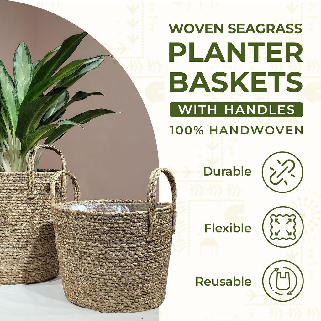 Set of 2 Woven Seagrass Planter Baskets with Handles - Handwoven Plant & Flower Pots for Indoor or Outdoor Use