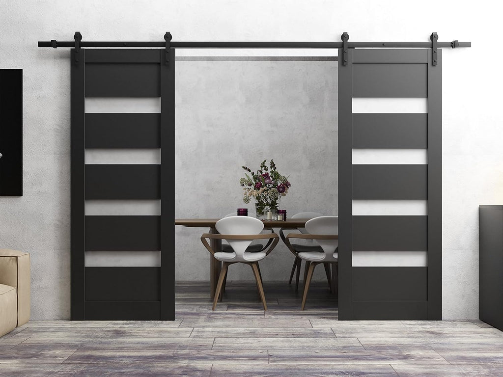 Sliding Double Barn Doors with Hardware | Quadro 4113 Matte Black with Frosted Opaque Glass | 13FT R