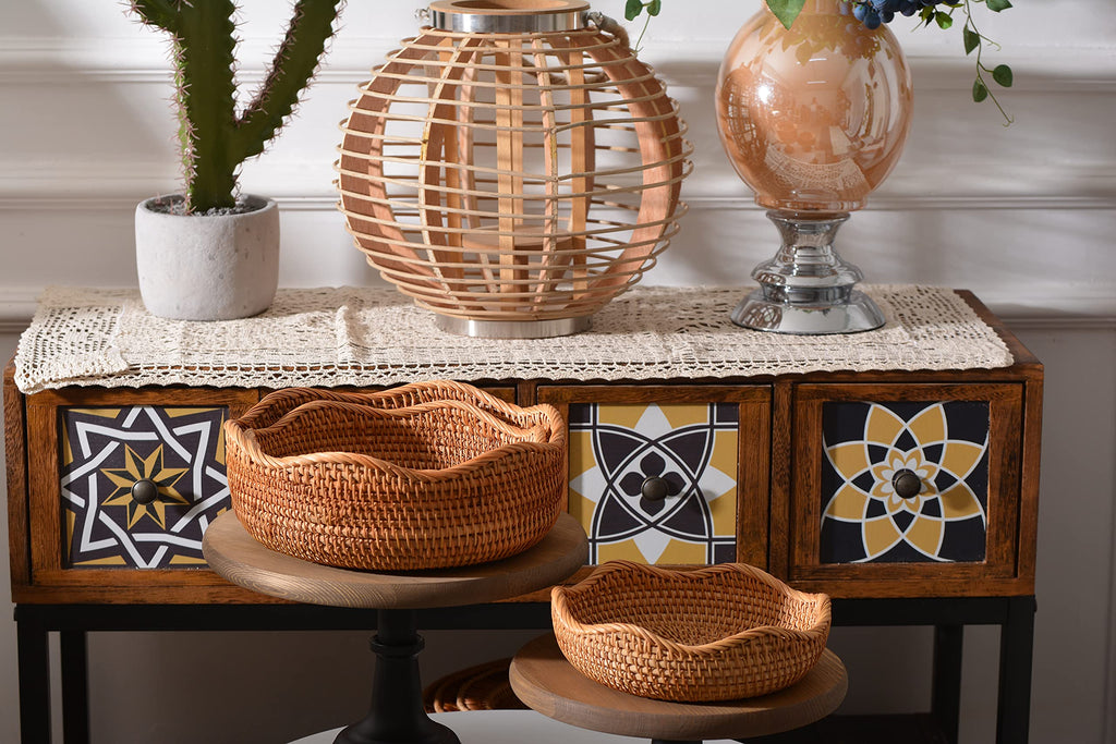 Bread Baskets Round Woven Fruit Bowls Key Holders Stackable for Storage, Snack, Fruit, Vegetable Natural Set of 3