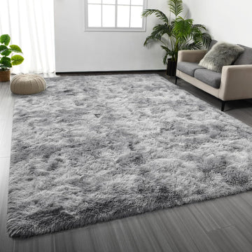 Large Shag Area Rugs 5 x 8, Tie-Dyed Plush Fuzzy Rugs, Light Grey
