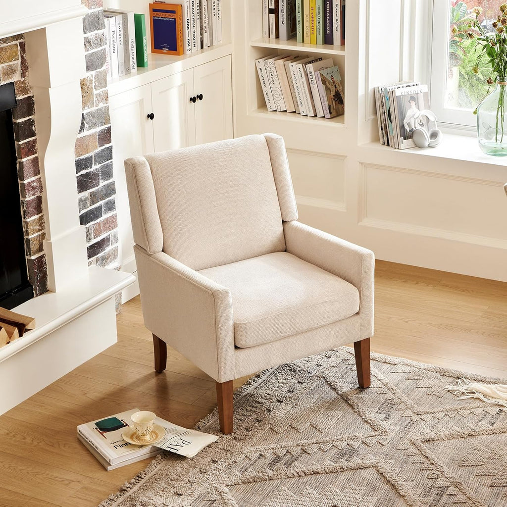 Modern Wingback Living Room Chair, Upholstered Fabric Accent Armchair, Single Sofa Chair with Lounge Seat and Wood