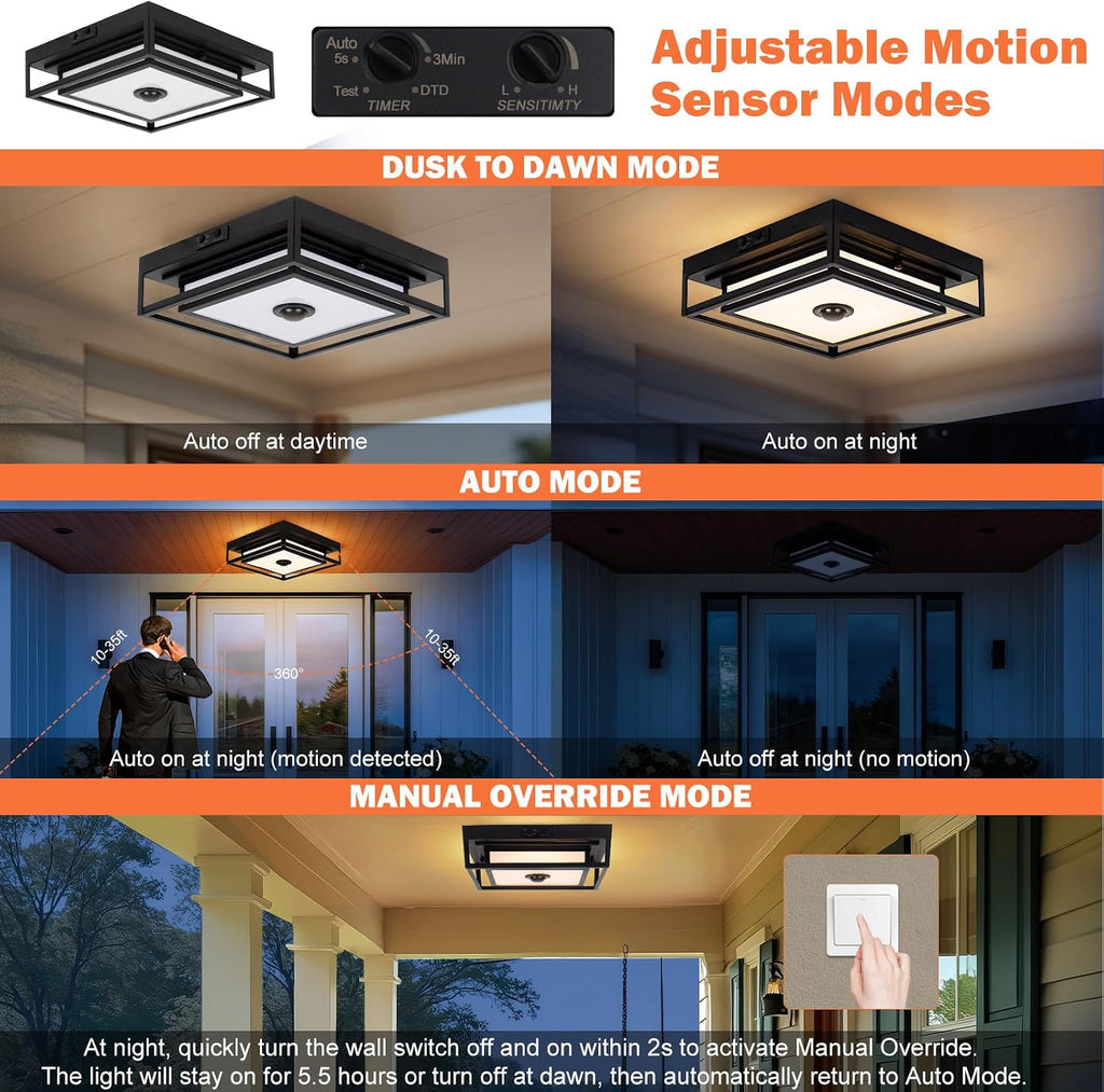 LED Motion Sensor Outdoor Ceiling Light, Modern Black Flush Mount Ceiling Light
