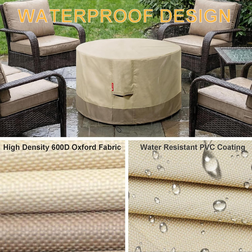 Round 44 Inch Fire Pit Cover - Waterproof 600D Heavy Duty - Fits 40-44 Inch Outdoor Fire Pit Tables - Beige