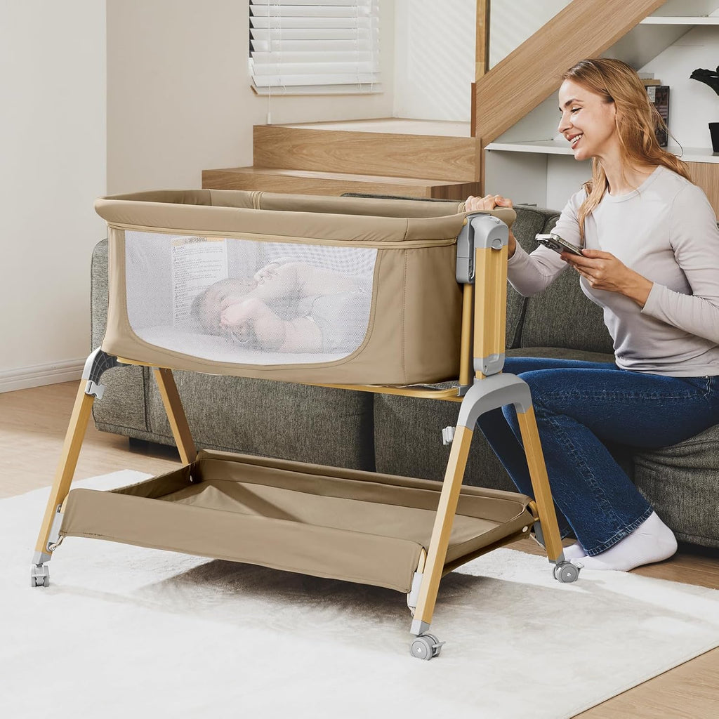 3-in-1 Baby Bassinet, Bedside Sleeper, Rocking Mode, Wheels (Khaki) | 5 heights, breathable mesh, comfy mattress with