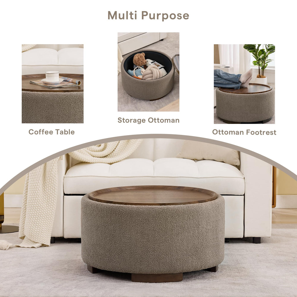 29.5 Inch Round Storage Ottoman Coffee Table, Brown Teddy