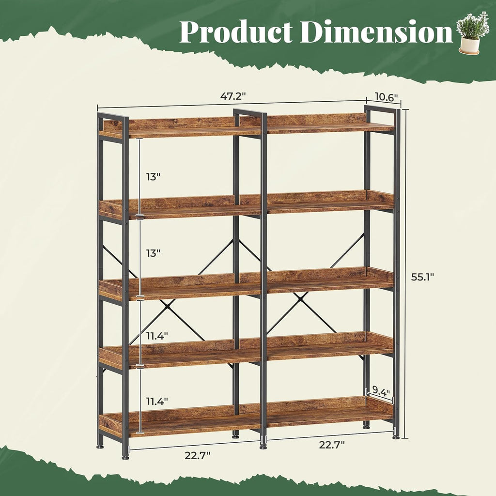 5 Tier Bookshelf, Display Bookshelf with 10 Open Shelves and Raised Baffle