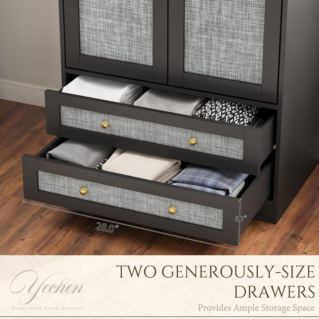 71" Wooden Armoire Wardrobe Closet with 2 Doors & 2 Drawers, Black | Modern Tall Storage Cabinet with Adjustable