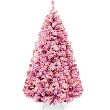 Artificial Flocked Christmas Tree, 6ft Premium Pre-Lit Colorful Pine Holiday Décor w/250 Twinkle Lights, Metal Base
