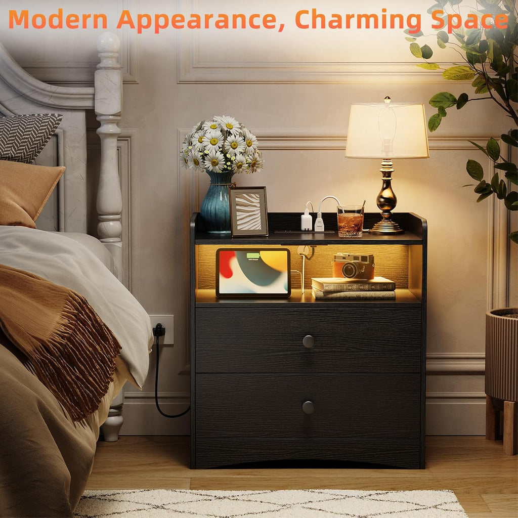 Nightstand with Charging Station and LED Light,Modern Nightstand with USB Ports and Outlets,Wooden Bedside Tables