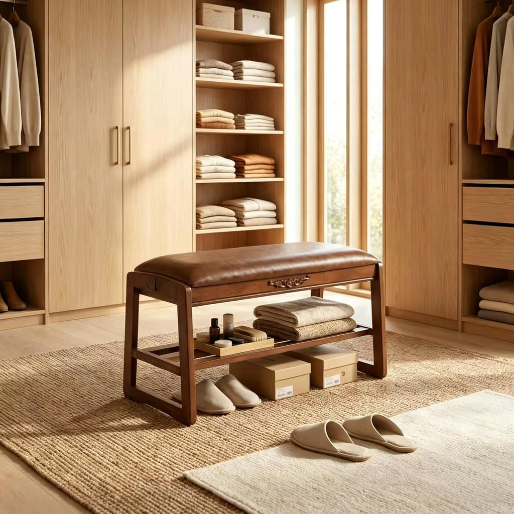 Shoe Rack Bench,2 Tiers Shoe Bench with Storage with Flip-Top,Wood Shoe Rack (Solid Upholstered Seat,31.5")