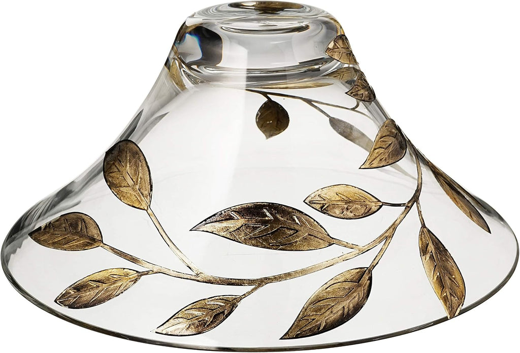 Decorative Glass Bowl Fruit Display - Etched, Hand Painted Leaves Decor - Mouth Blown Clear Glass - Large Salad