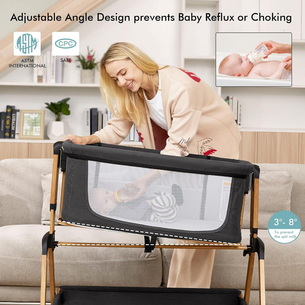 Bassinet Bedside Sleeper, Rocking Bassinets with Comfy Mattress and Wheels for Newborn, 5-Height Adjustable (Black)