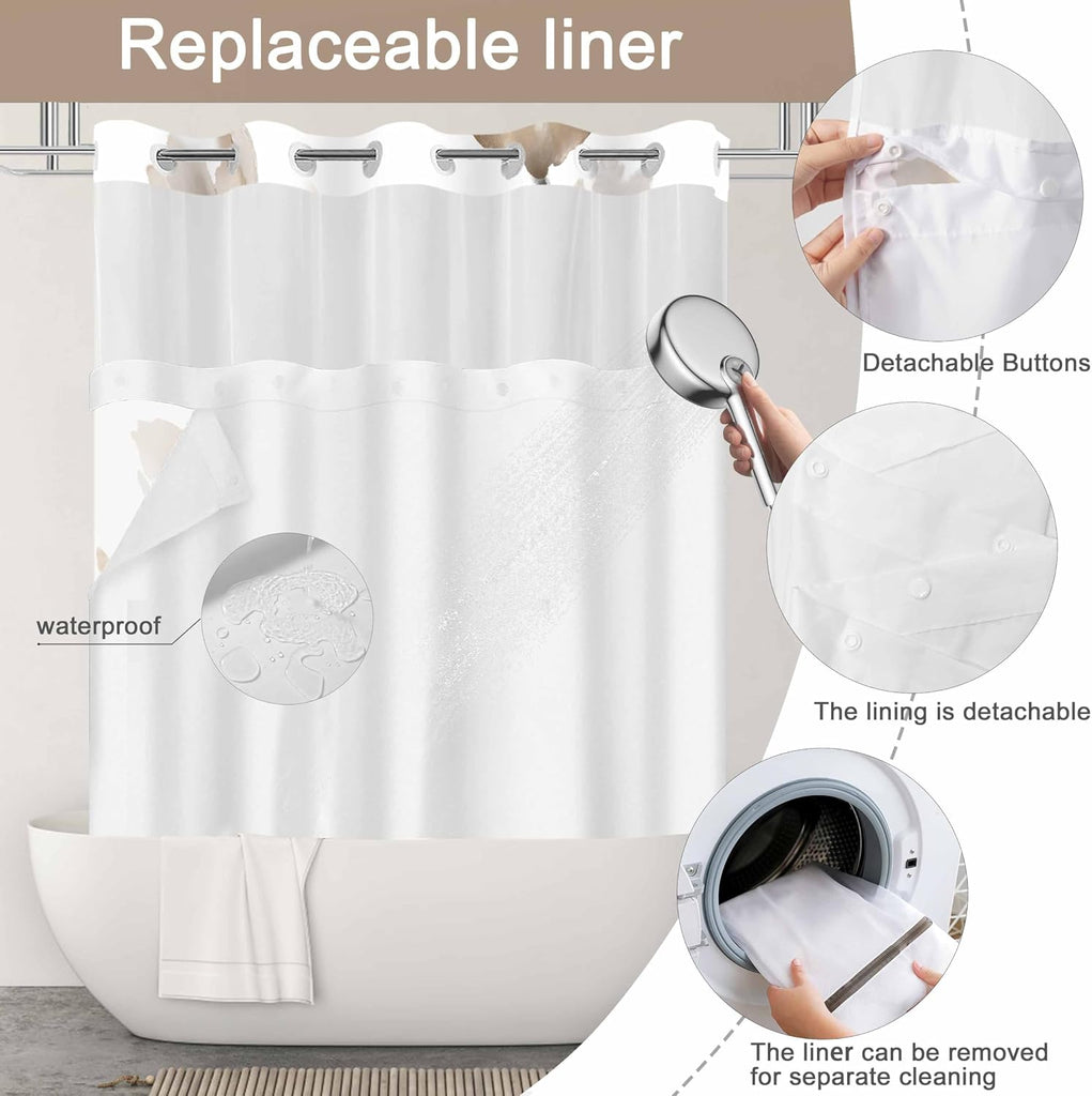 No Hook Shower Curtain and Liner Set, Brown Boho Floral 71x74 | Watercolor Boho Flower, with Snap in Liner