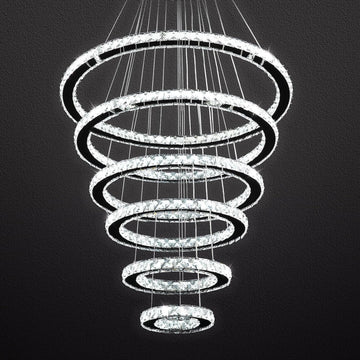 Modern Crystal Chandelier Lighting, 6 Ring Chandelier LED Ceiling Lights Fixtures with 3-Color, High Ceiling Foyer Chandeliers for Living Room Dining Room Staircase, D8-12-16-20-24"-28"