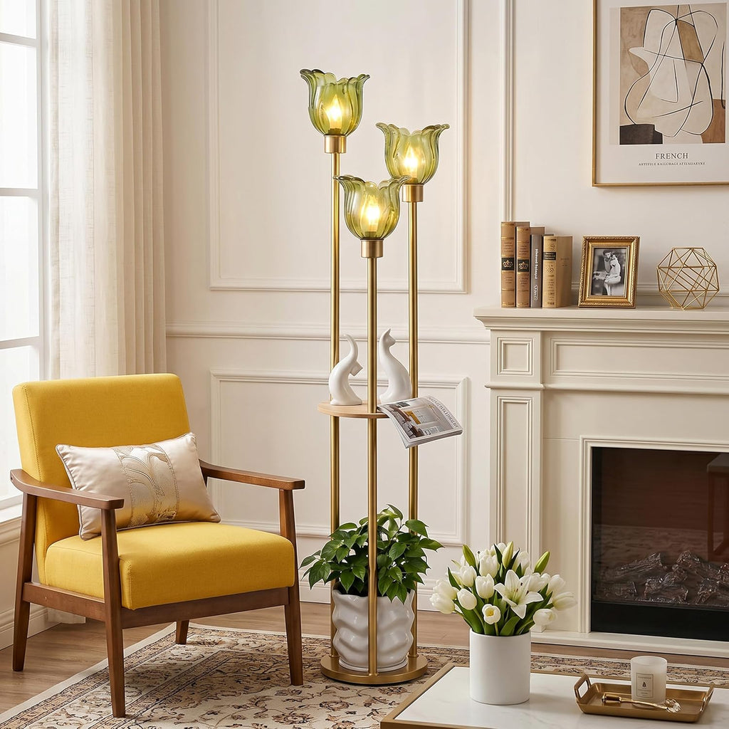 Modern Gold Floor Lamp with 3 Crystal Shades and Shelves, 3-Light Standing Lamp with Foot Switch, FWGGEEN02