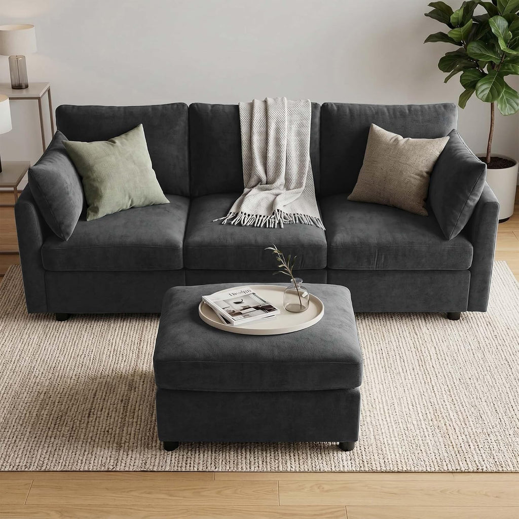 Sectional Couch , Comfy L Shaped Convertible Sofa, 4 Seater Modern Chenille Sofa with Ottoman,Black