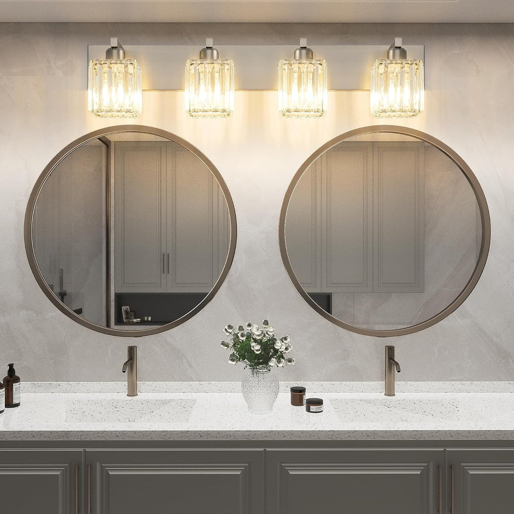 Brushed Nickel Bathroom Lighting Fixtures 4 Light Crystal Modern Bathroom Vanity Light (Exclude Bulb)