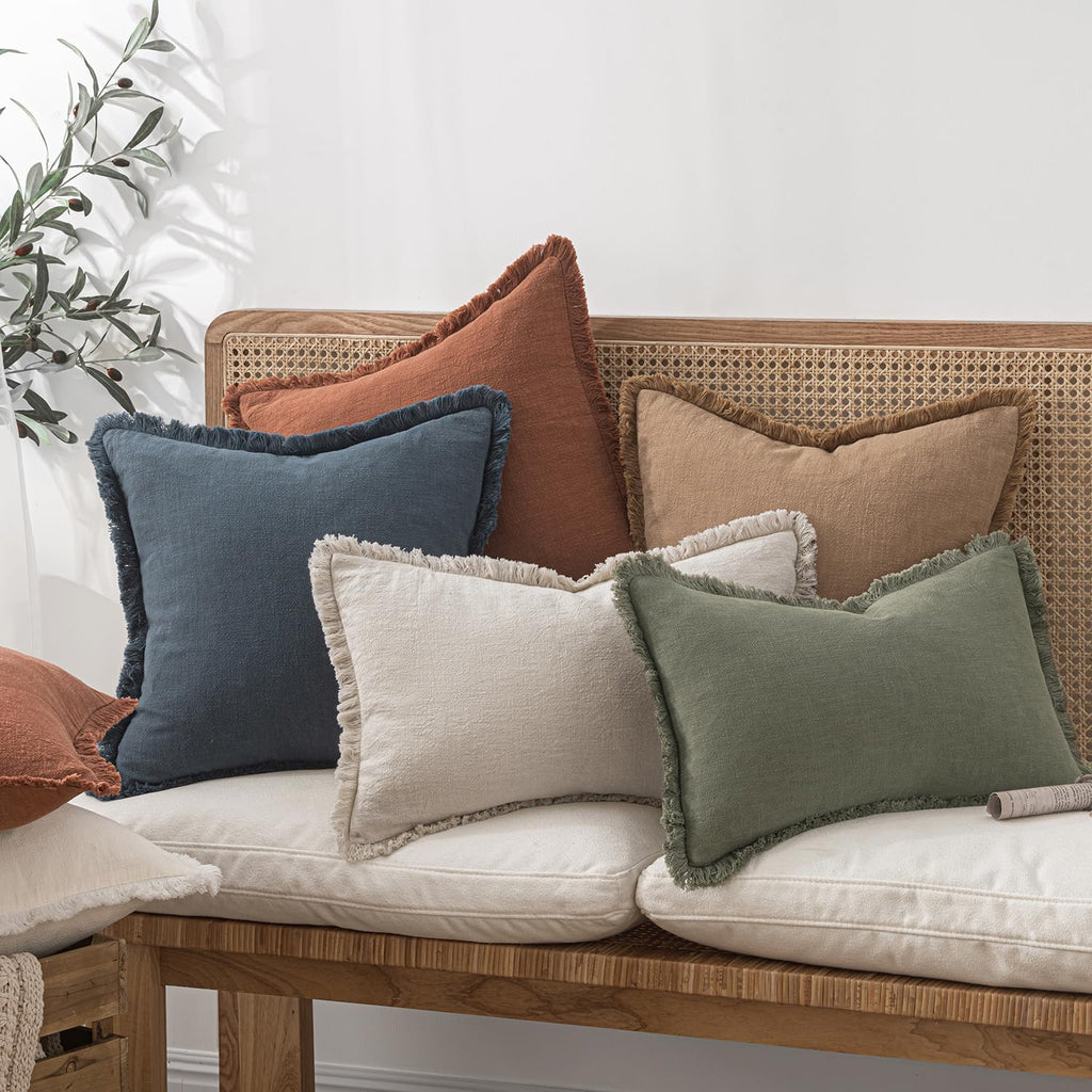 Decorative Throw Pillow Covers Neutral Linen Fringe Throw Pillows Set of 2 Natural Beige Boho Farmhouse Cushion Cases