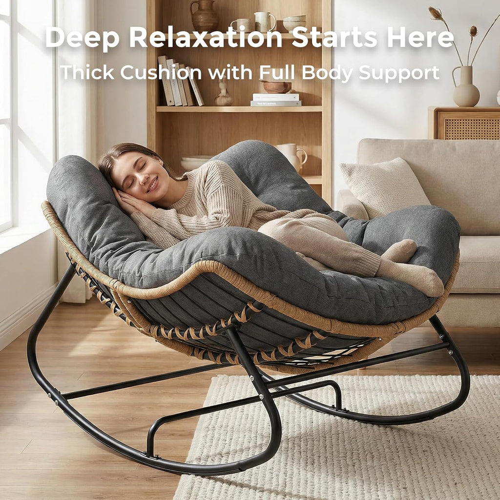 Papasan Rocking Chair Outdoor, Oversized Patio Egg Chair with Thick Cushion, Indoor Wicker Lounge Rocker Bed for