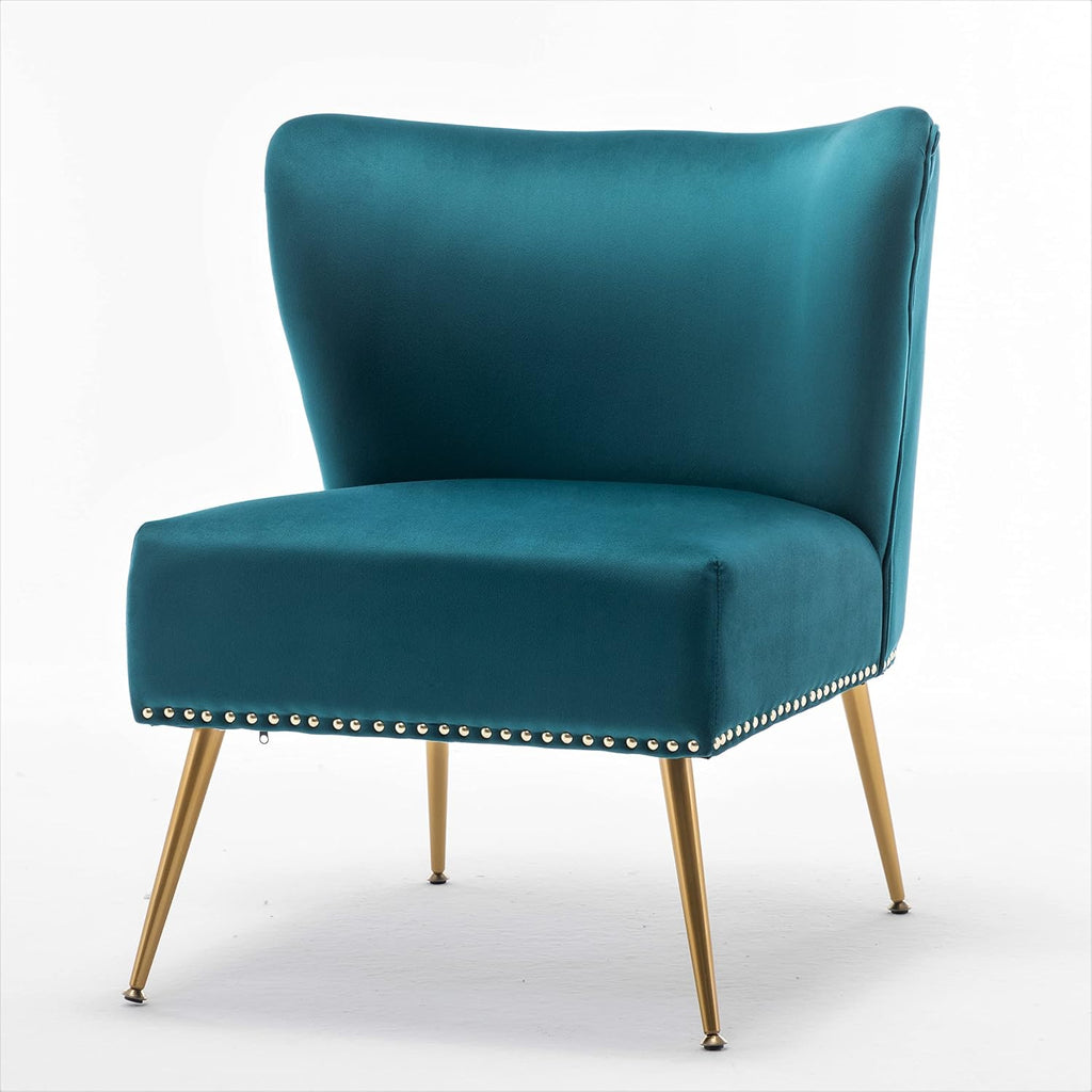 Thia Armless Velvet Accent Chair , Elegant Seat with Nailhead Trim, Gold Metal Legs and Comfortable Curved Back, 28"