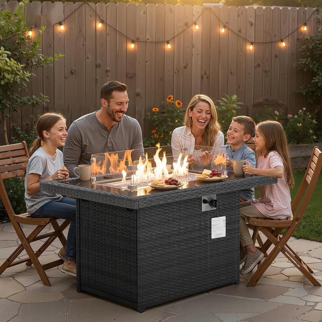 Wicker Propane Fire Pit Table, 60000 BTU Large Natural Gas Firepit Tables, 43'' Rectangle CSA Fireplaces Backyard