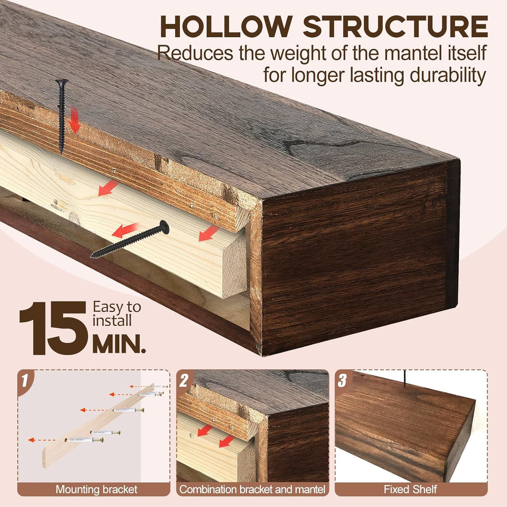 Shelf, 60×8×5 Inch Wooden Floating Shelf for Over Fireplace, Handcrafted Wood Mantels, Wall-Mounted Mantel Shelves