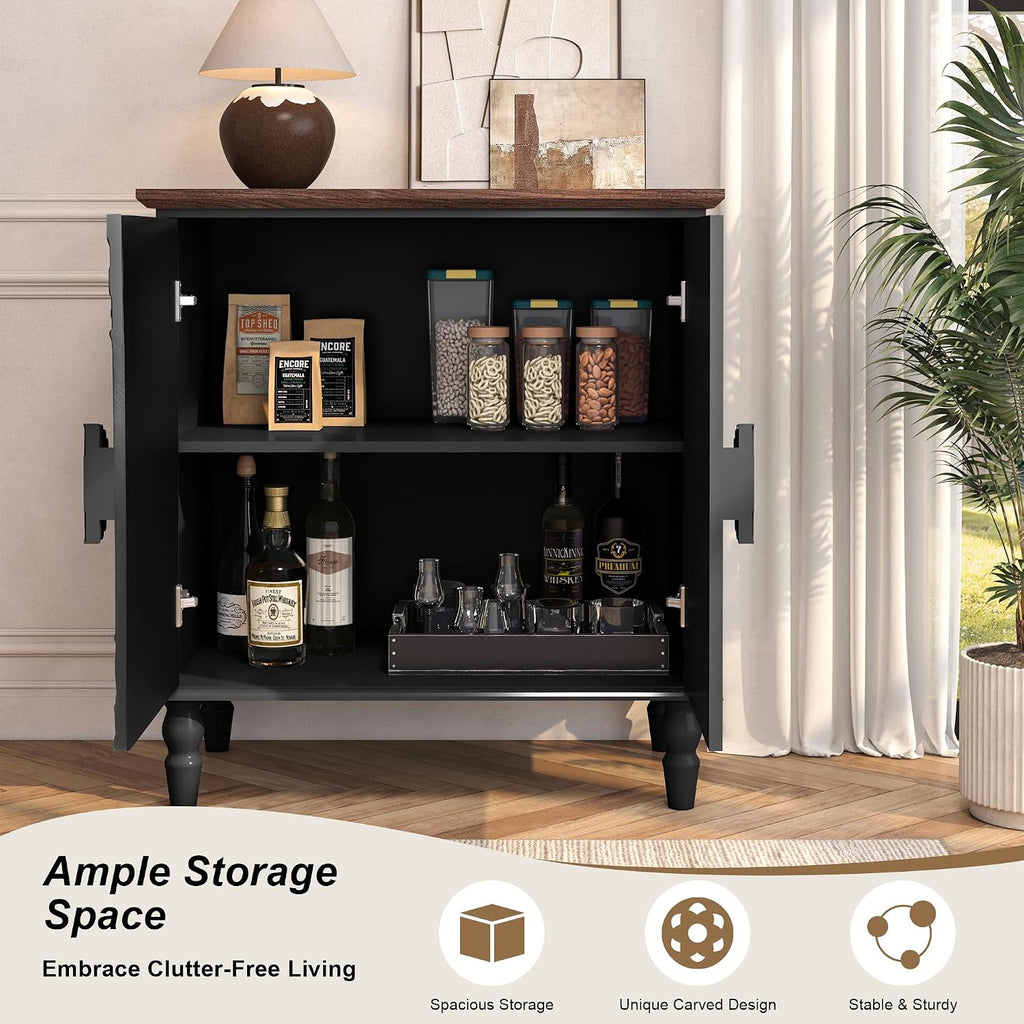Black Sideboard Buffet Cabinet with 2 Embossed Flowers Doors | Rustic Wood Accent Storage Cabinet, Decorative Cabinet