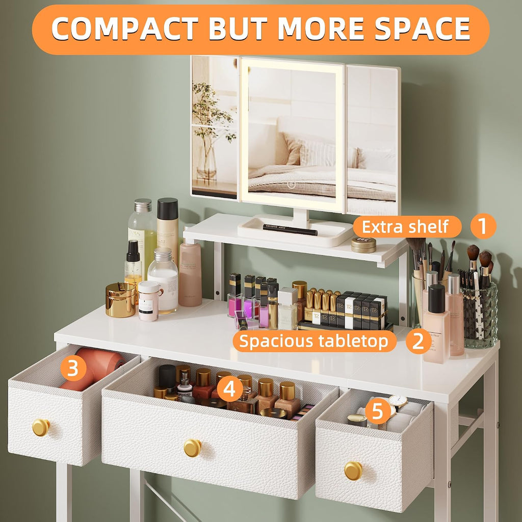 Small Makeup Vanity Desk 27.5''W with Mirror and Lights, White | 3 Drawers, USB Lighted Mirror, Height-Adjustable