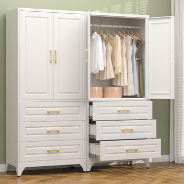 71" White Metal Armoire Wardrobe Closet with Doors and 3 Drawers | Freestanding Tall Steel Clothing Storage Cabinet