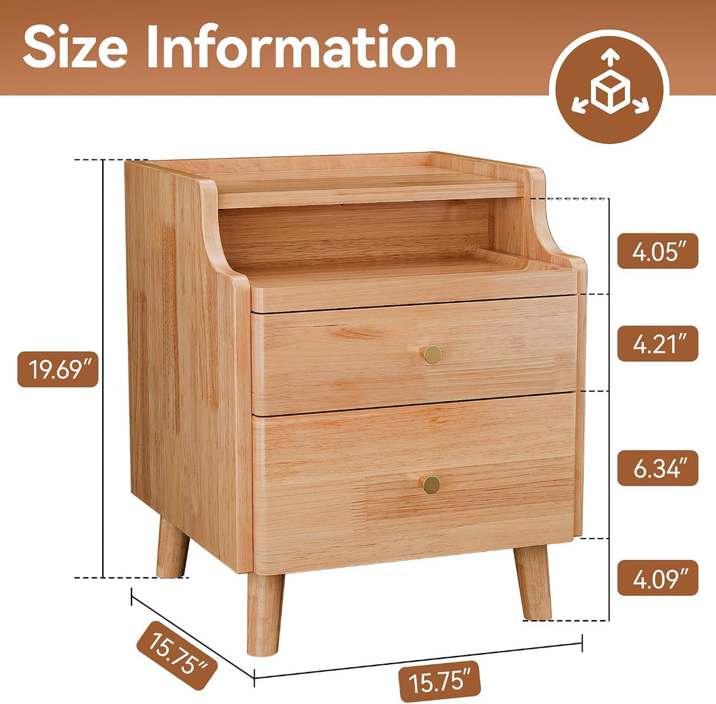 Nightstand with Drawers, Pre-Assembled, 19.7" H Natural Solid Wood Night Stand with Open Sliding Shelf, Mid Century