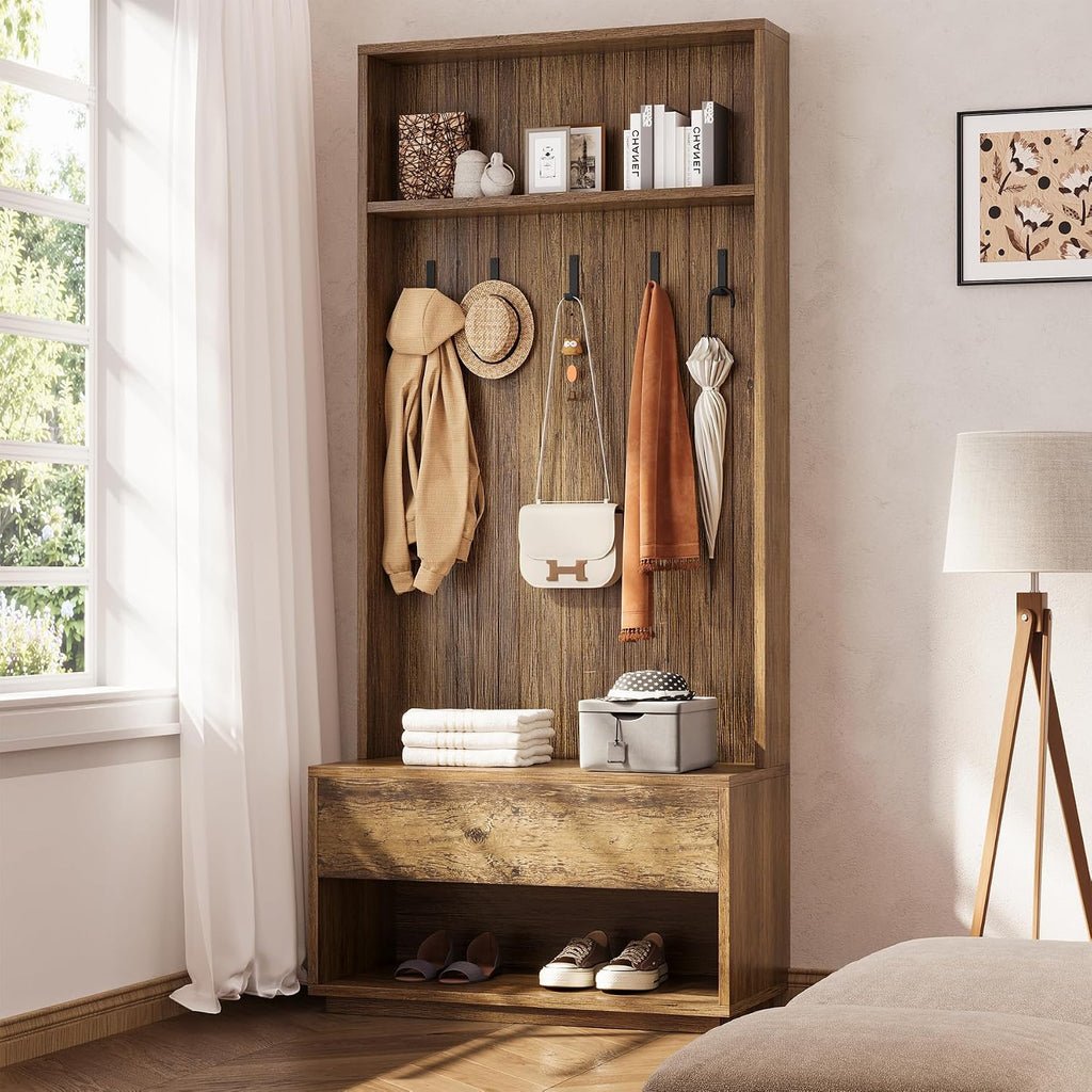 Hall Tree with Bench and Shoe Storage, Entryway Coat Rack with Shoe Bench and Drawer, 5 Hooks, Freestanding Hall Tree